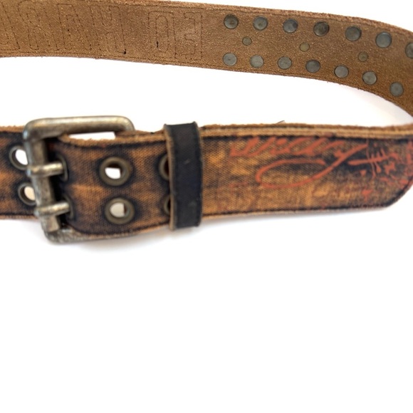 Vintage Y2K Ed Hardy Studded Leather Belt Handmade Logo Print Rare Size Large main image 10